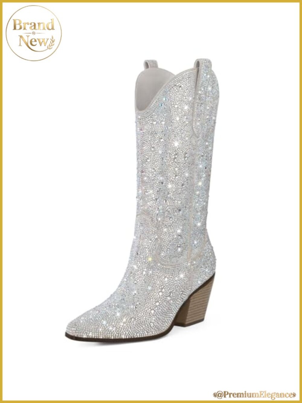 Rhinestone Mid Calf Boots Sparkly Block Heel Cowboy Boots Glitter